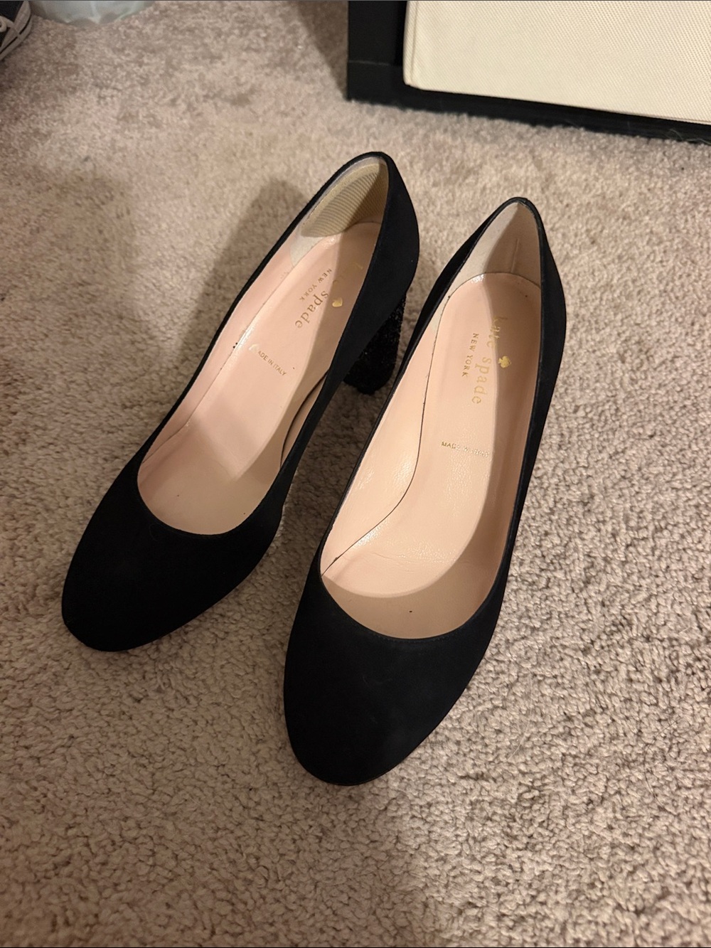 kate spade Black Suede Round-Toe Mid Block Heel Pumps